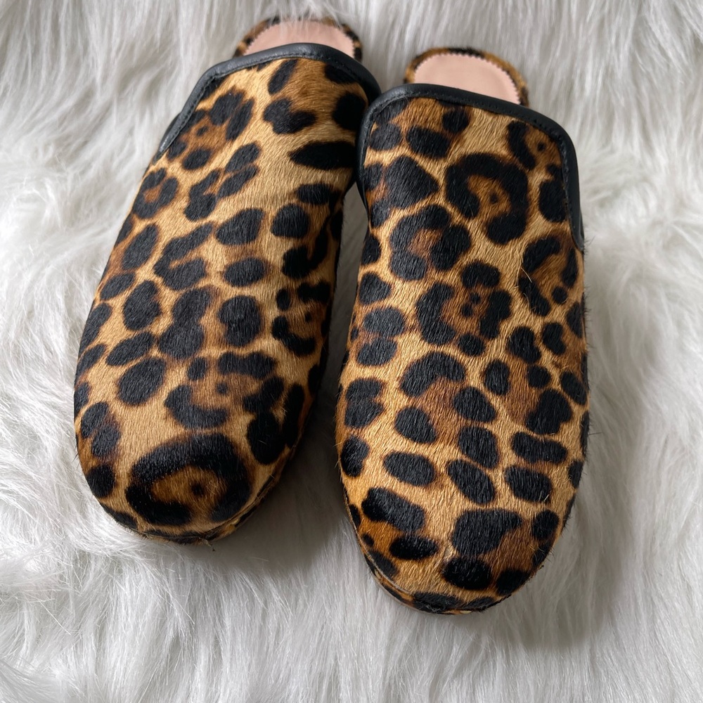 J. Crew Leopard Calf Hair Wood Heel Clogs Size 10